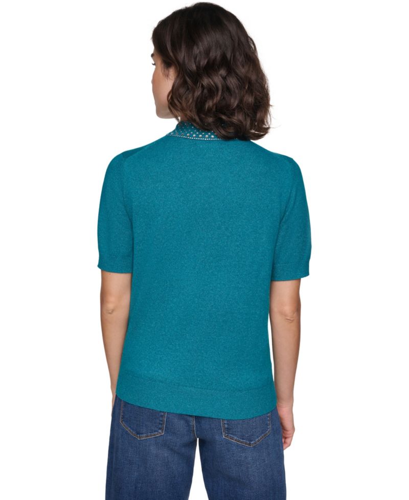 Petite Key Item Short-Sleeve Embellished-Collar Polo Shirt