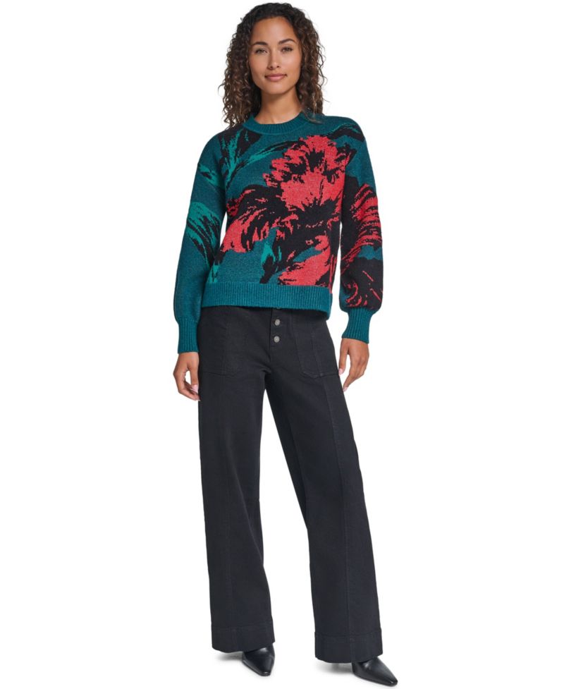 Women's Floral-Print Long-Sleeve Crewneck Sweater