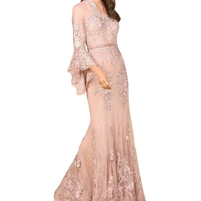 Women's Lace V Neck Long Bell Sleeve Gown