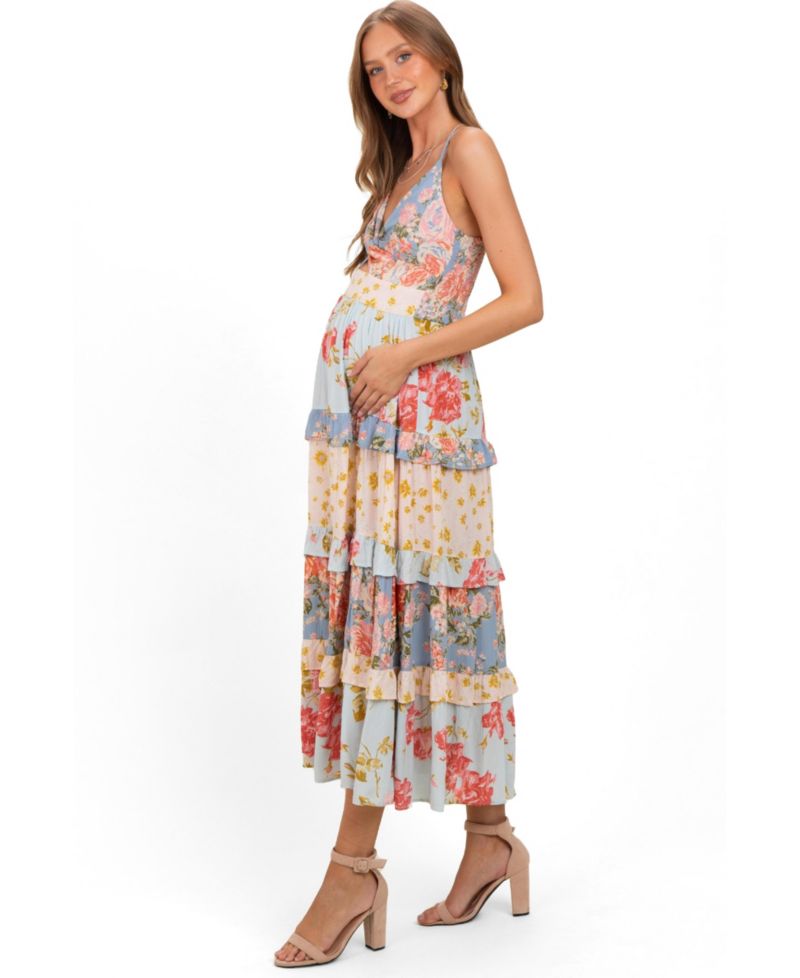 Maternity Floral Tiered Twist-Front Maxi Dress