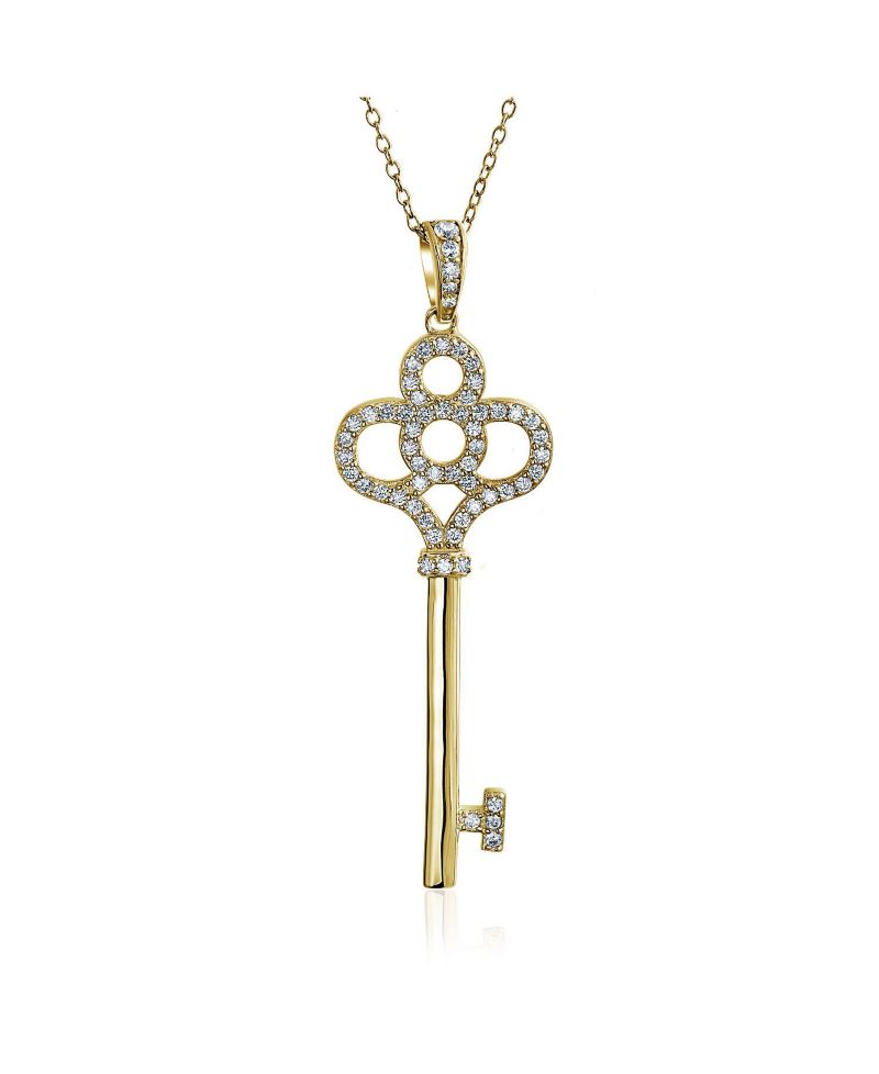 Key to My Heart Key Pendant Necklace CZ Gold Plated .925 Sterling Silver