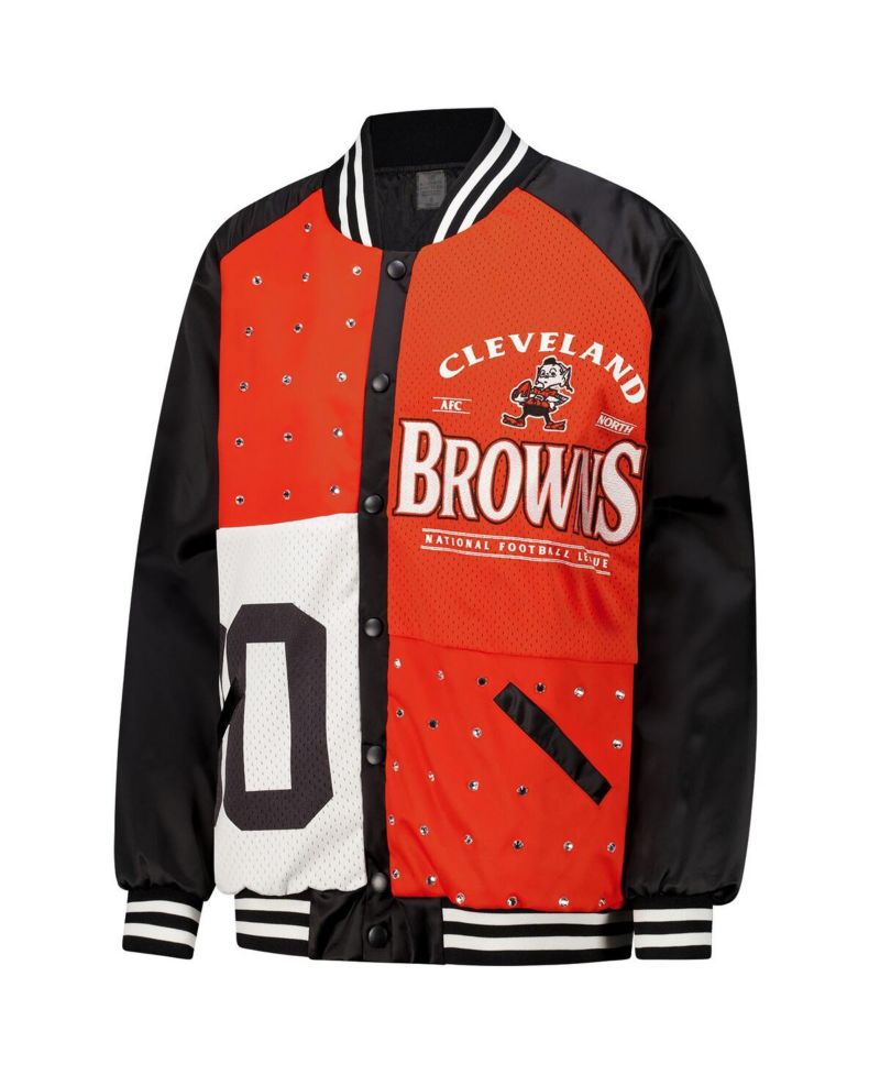 Women's Black/Orange Cleveland Browns Oversized Hot Shot Rhinestone Throwback Full-Snap Varsity Bomber Jacket
