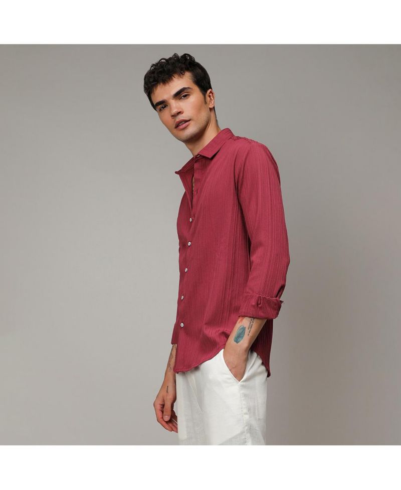 Men's Blush Red Self-Design Striped Shirt