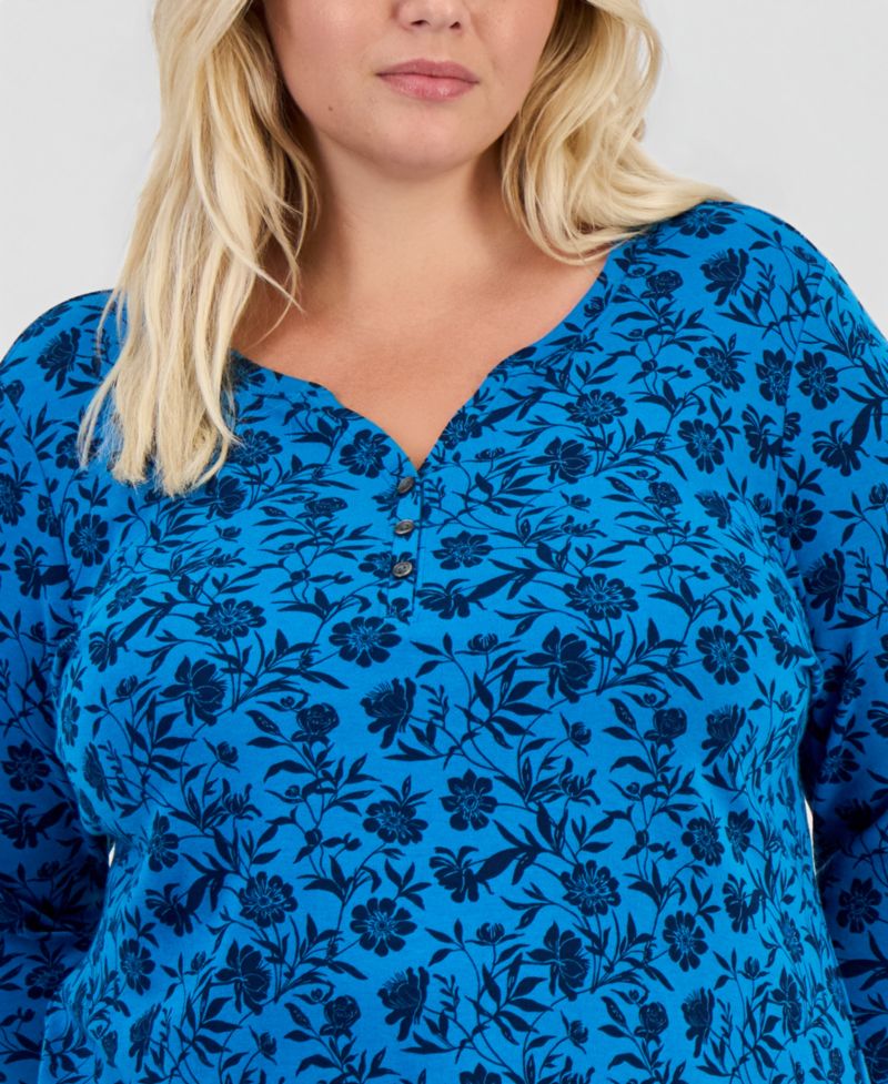 Plus Printed 3/4 Sleeve Henley Top