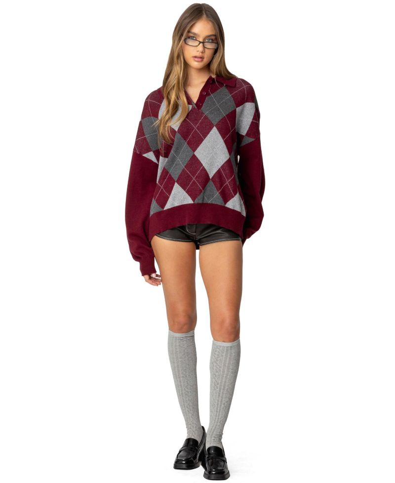 Women's Argyle Oversized Polo Sweater