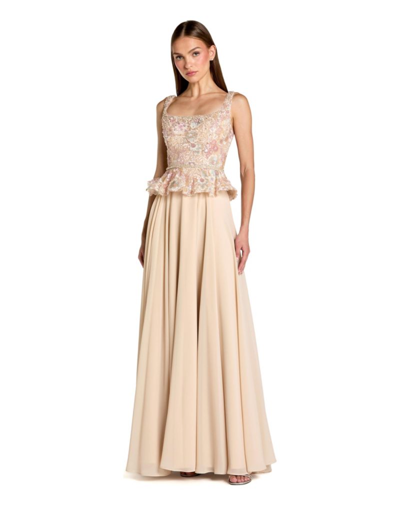 Petite Embroidered Peplum Top With Chiffon Skirt Gown