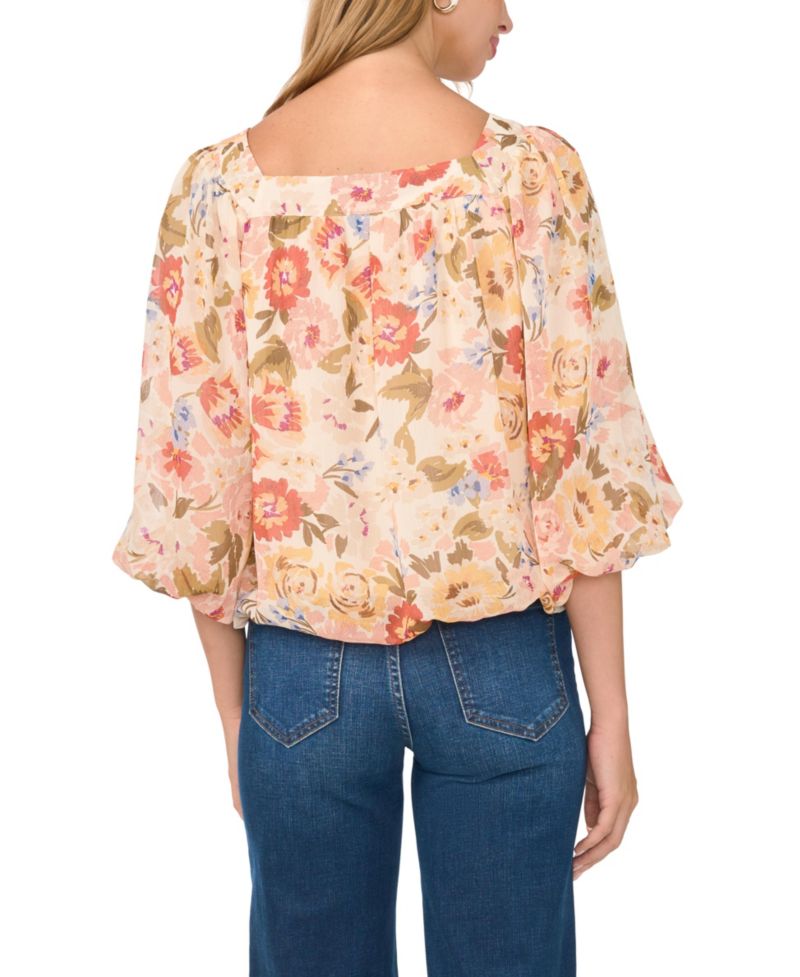 Women's Square-Neck 3/4-Sleeve Floral Blouse
