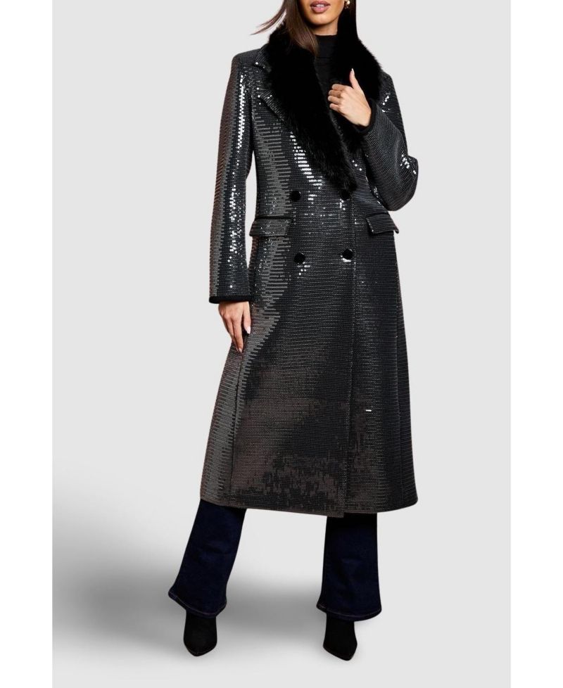 Women's Faux Fur Collar Sequin Longline Coat