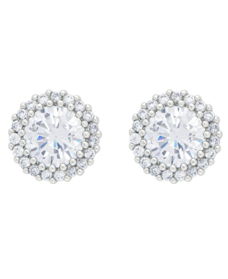 Women's Fine Silver Plated Round Halo Cubic Zirconia Stud Earrings