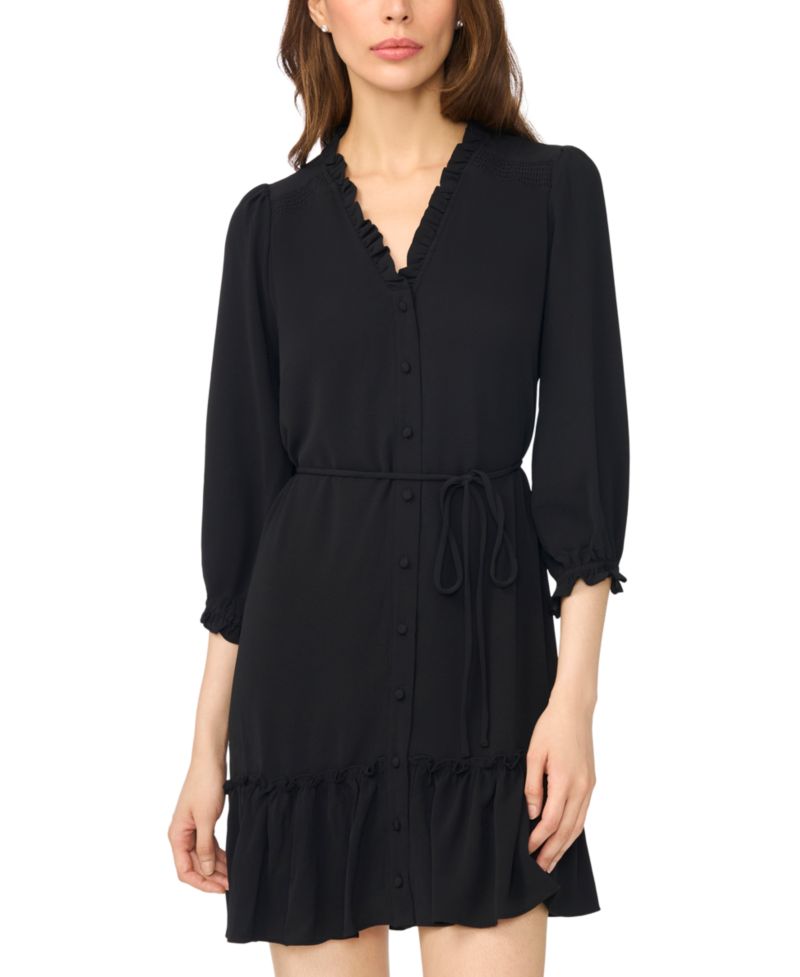 Women's Ruffle V-Neck 3/4-Sleeve Mini Dress