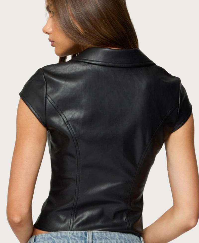 Womens Faux Leather Tailored Button Up Top