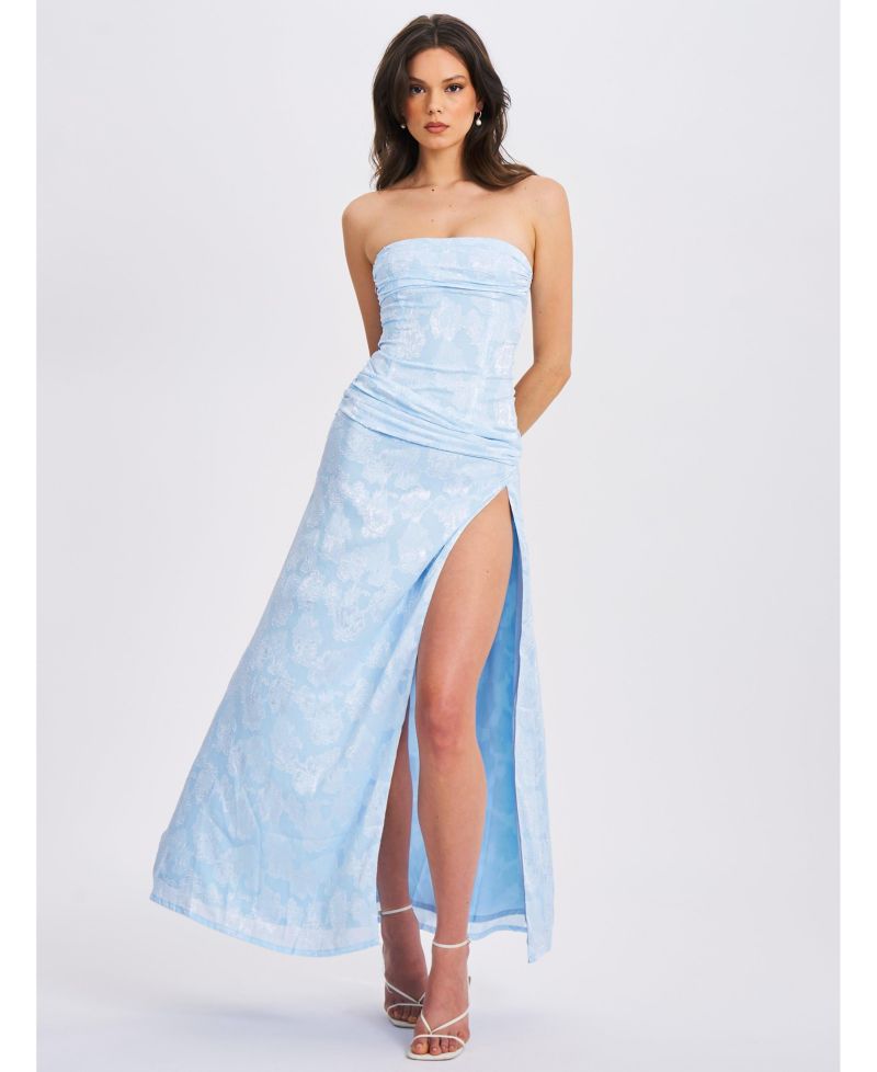 Women's Xatia Baby Blue Jacquard Textured High Slit Maxi Dress
