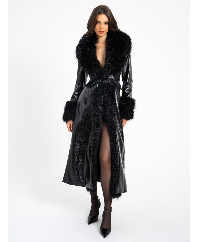 Women's Zella Black Faux Fur Trim Faux Croc Leather Coat