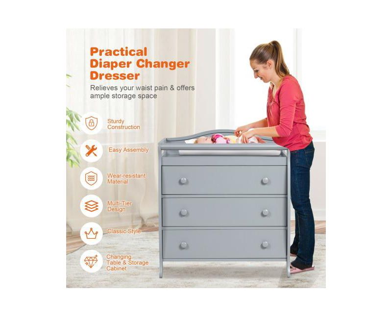 3-Drawer Dresser Changing Table with Safety Belt Guardrails-Grey