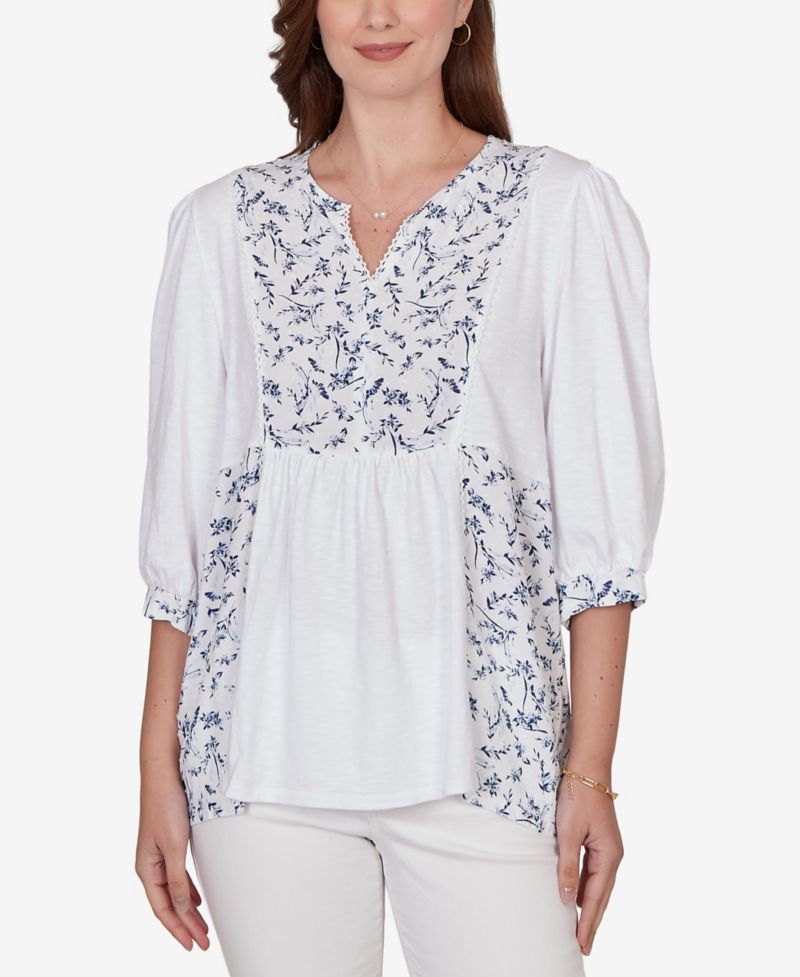 Petite Mixed Fabric Sharkbite Knit Top