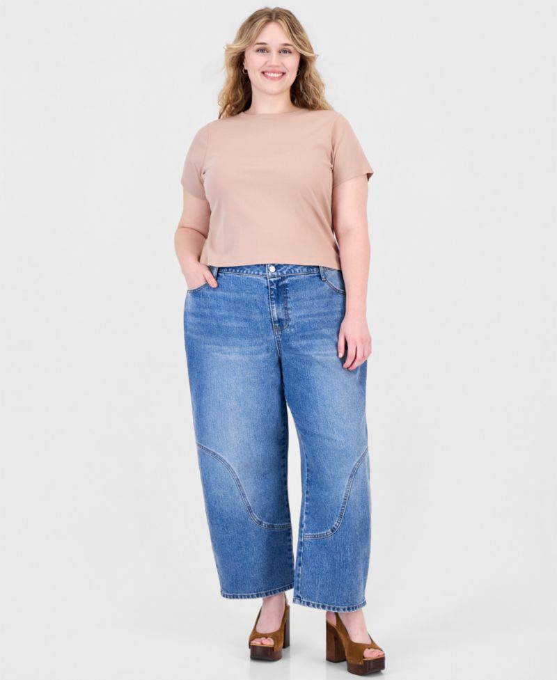Plus Size Curved Seamed Barrel High-Waisted Wide-Leg Denim Jeans