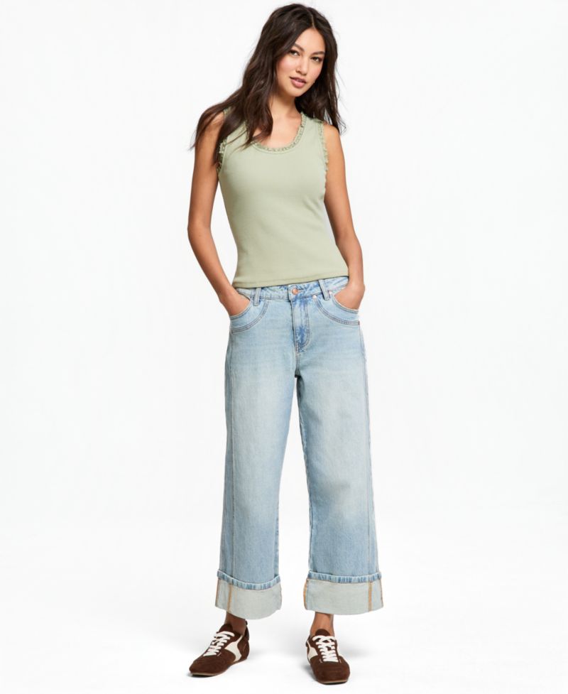 Petite Seamed Cuff Wide-Leg Jeans