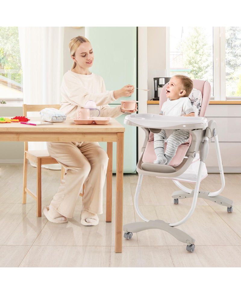 Kids Multifunctional Folding High Chair with Rolling Wheels and Adjustable Height