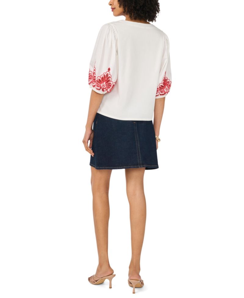 Women's Cotton Embroidery Hem V-Neck 3/4-Sleeve Button-Up Shirt