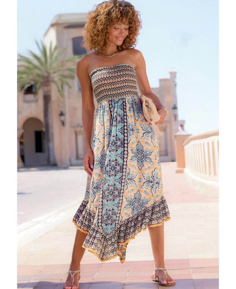 Women's Viscose Printed Smocked Bodice Strapless A-Line Midi Dress