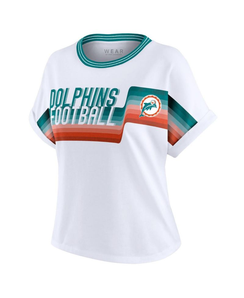 Women's White Miami Dolphins Cropped Center Stripe Dolman T-Shirt