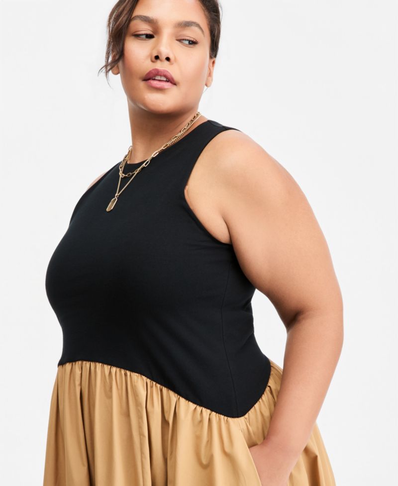 Women's Curved-Waist Mixed-Media Midi Dress