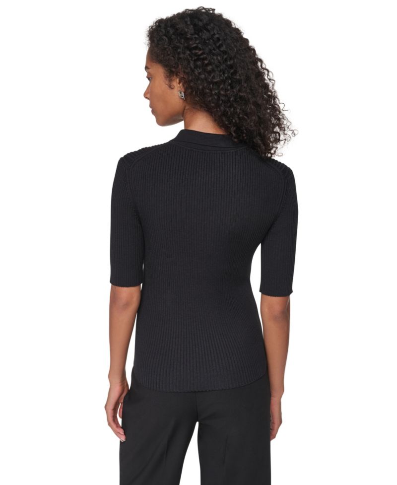 Women's Polo Short-Sleeve Ribbed-Knit Zip-Front Top