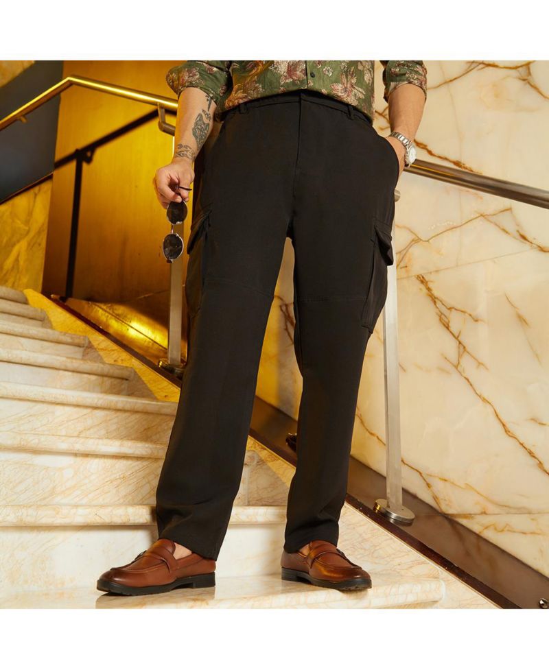 Men's Midnight Black Straight-Fit Cargo Trousers