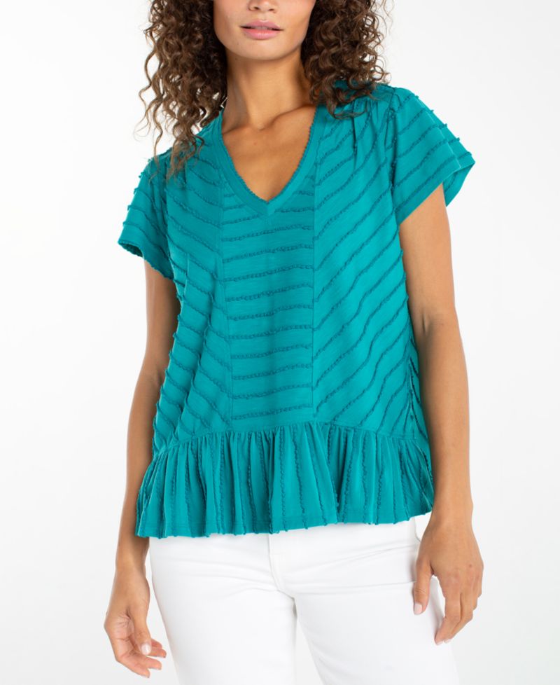 Petite V-Neck Scalloped Stripe Top