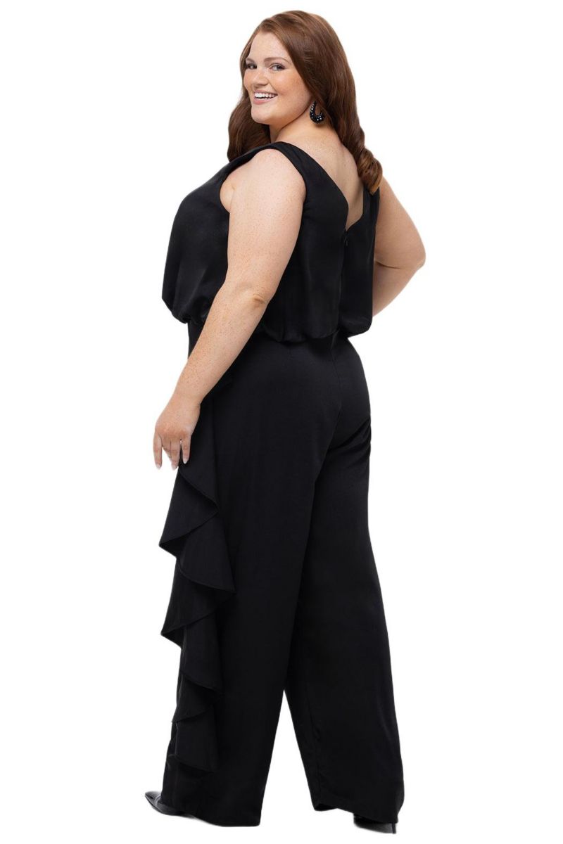Women's V-Neck Stretch Satin Jumpsuit with Ruffles