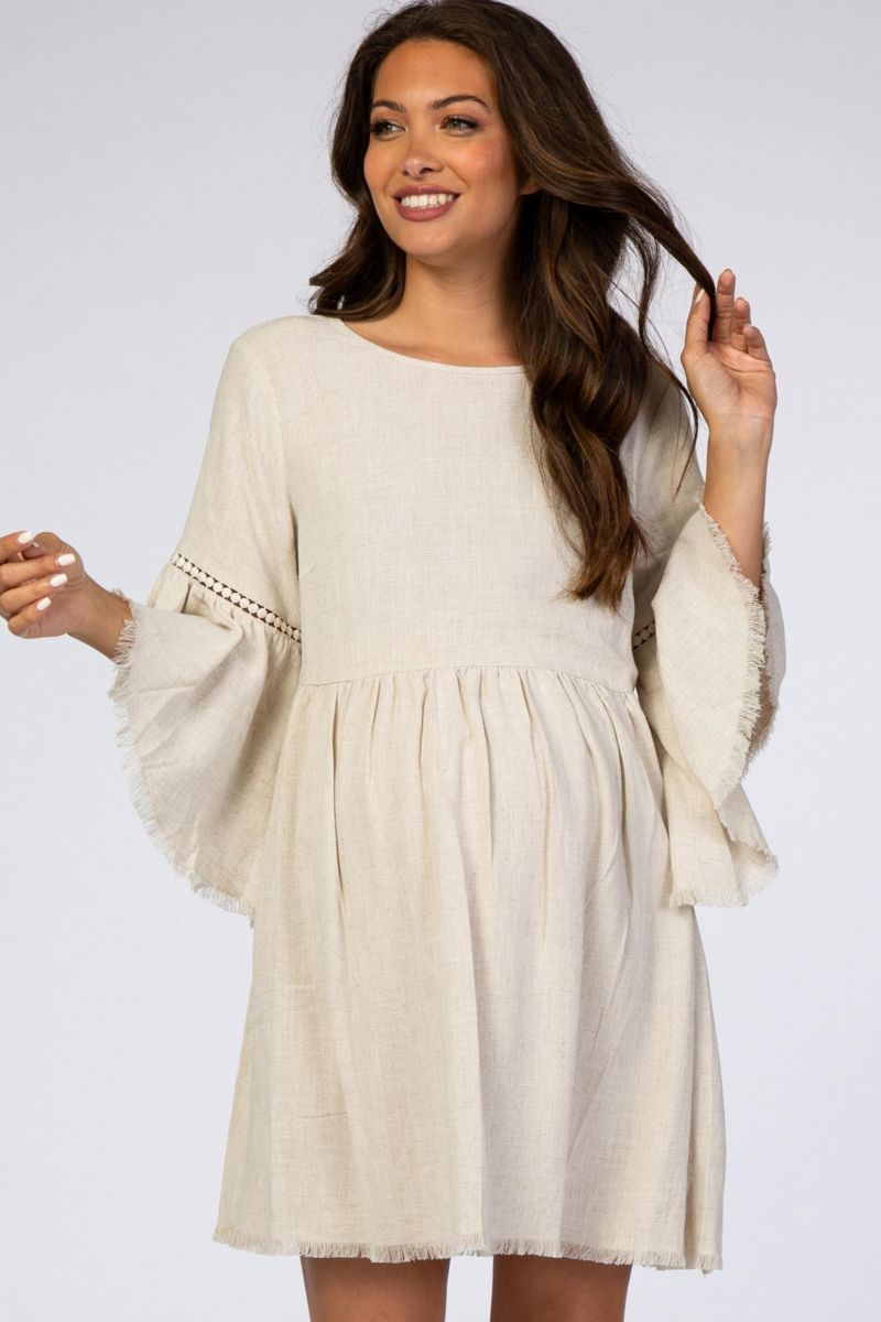 Women's Beige Raw Edge Bell Sleeve Babydoll Dress