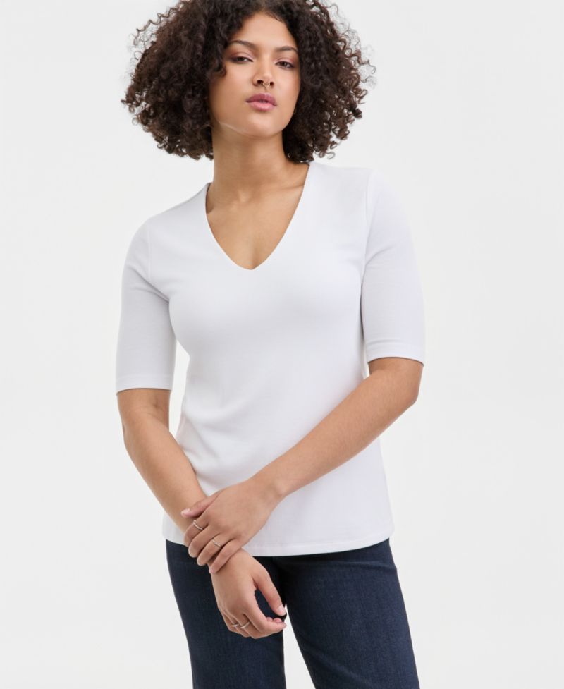 Women's V-Neck Elbow-Sleeve Knit Top