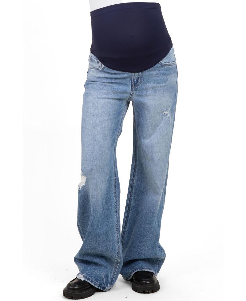 Maternity Wide-Leg High-Rise Distressed Denim Jeans