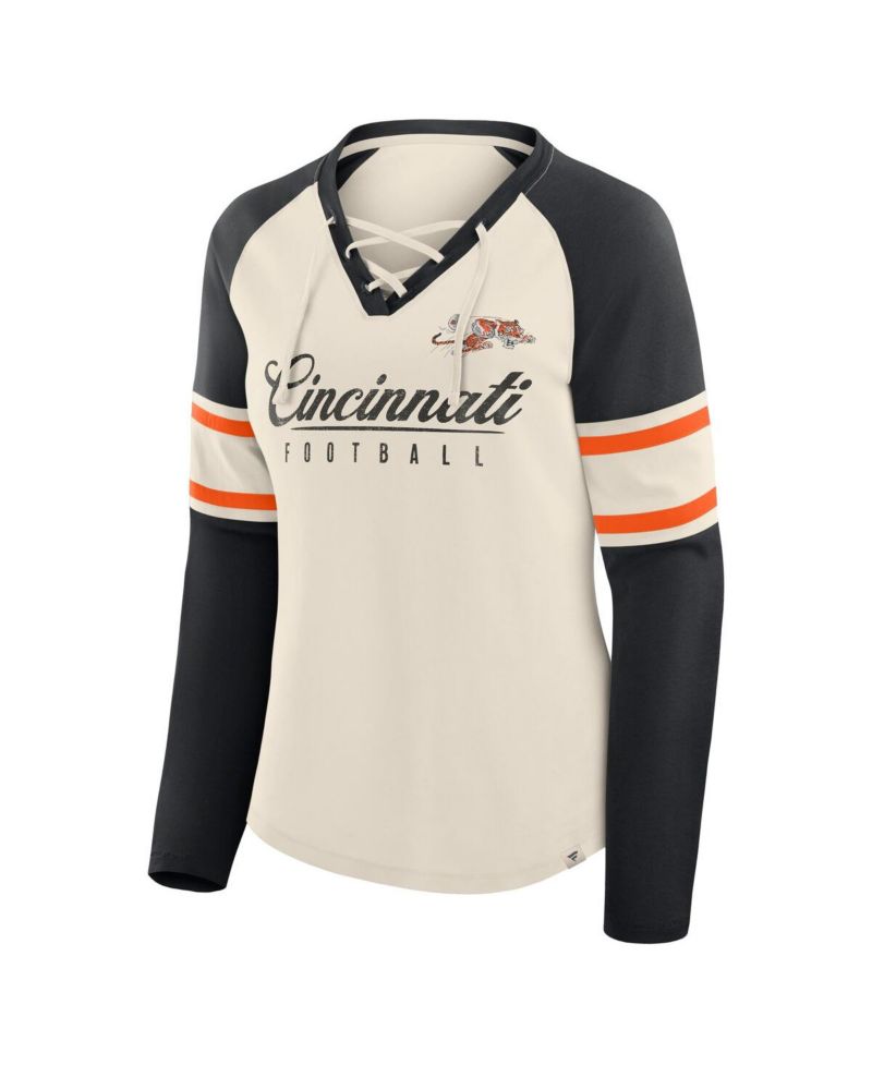 Women's Cream/Black Cincinnati Bengals Hometown Gridiron Hero Raglan Lace-Up V-Neck Long Sleeve T-Shirt