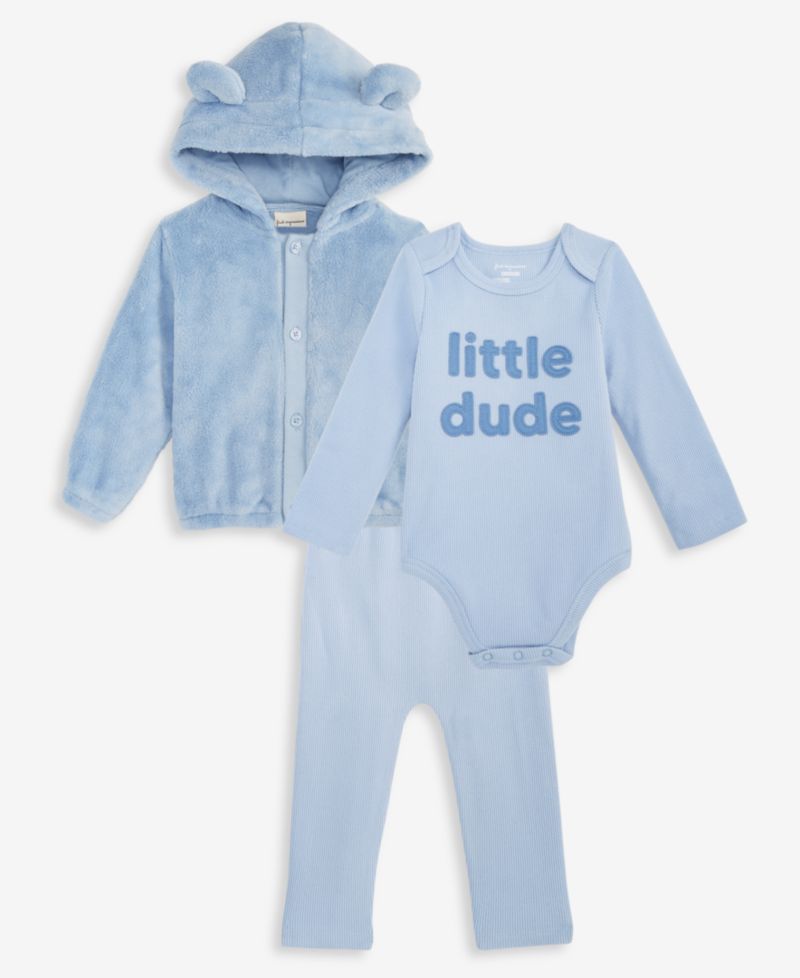 Baby Boys' Hooded Faux-Sherpa Jacket, Little Dude Bodysuit and Brushed Rib Pants, 3-Piece Set