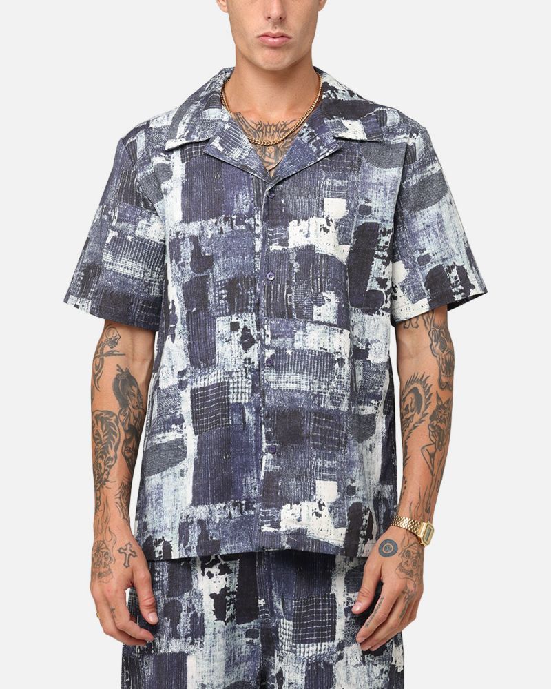 Men's Printed Denim Patch Button Up Shirt