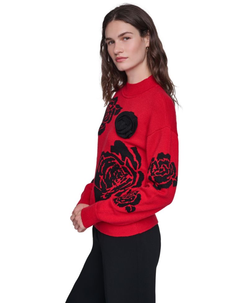 Women's Mock-Neck Long-Sleeve Floral Sweater