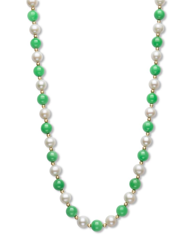 Dyed Green Jade & Freshwater Pearl (7-1/2mm) 18" Collar Necklace in 14k Gold
