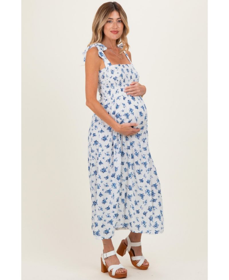 Women's Ivory Smocked Bodice Tie Straps Floral Print Maxi Dress