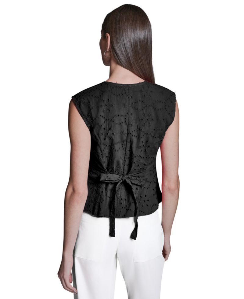 Women's Eyelet Detail Sleeveless Square Neck Peplum Top