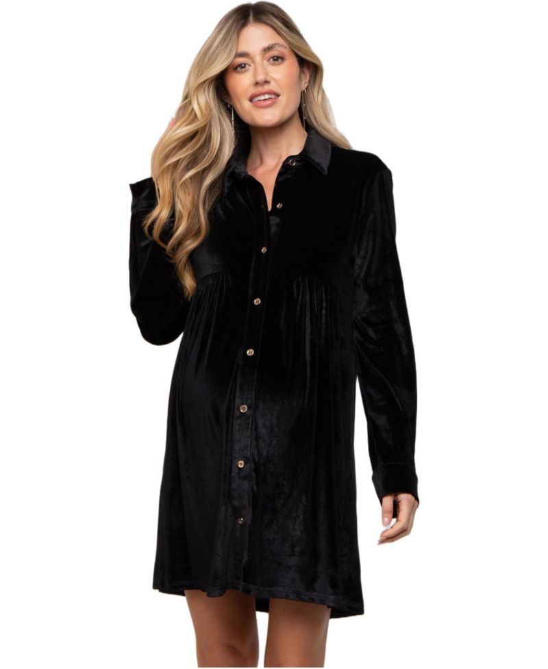 Women's Black Velvet Button Down Dress