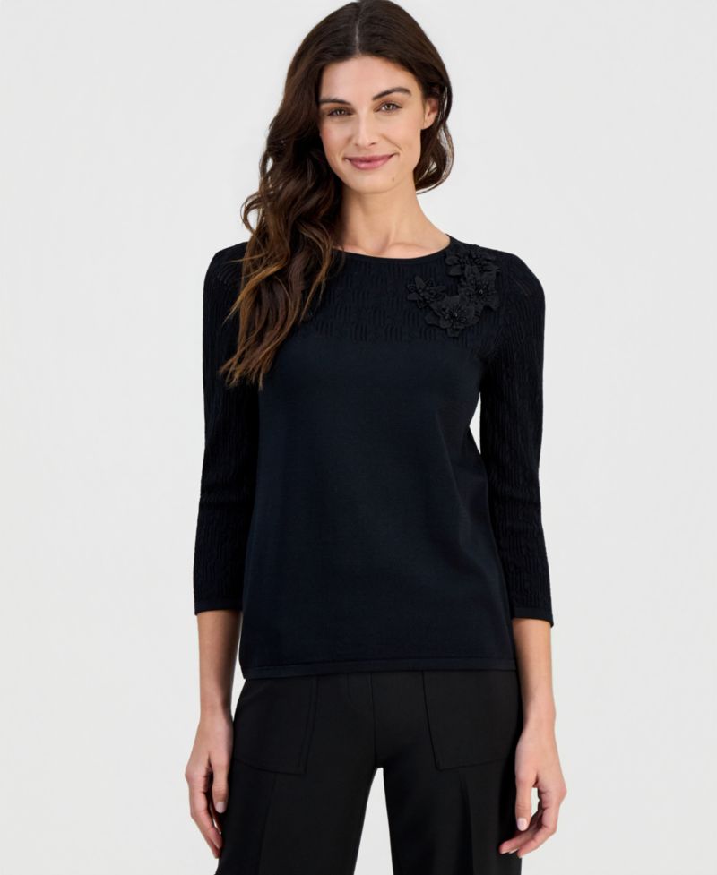 Women's Boat-Neck Floral-Applique Sweater