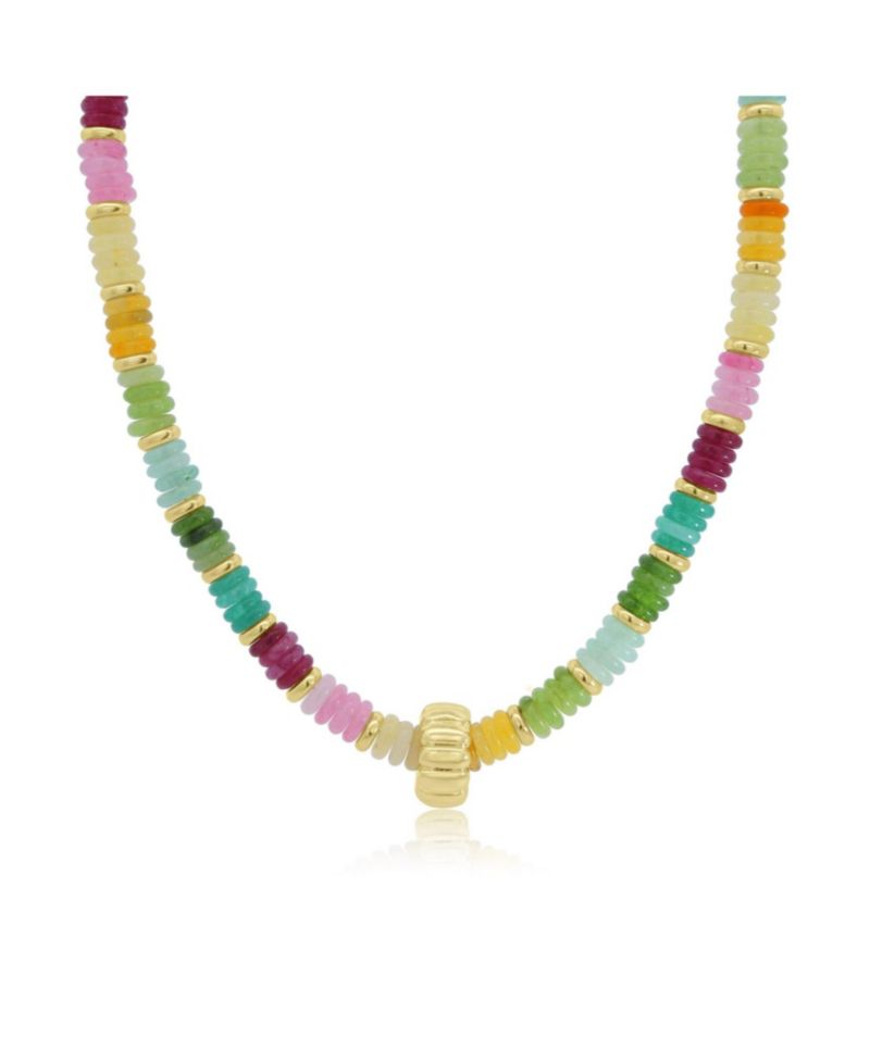 Rainbow Bead Rondel Necklace 18K Gold Plated Over Brass