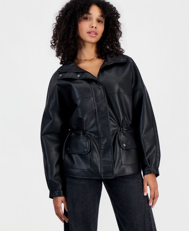 Women's Peplum Oversized Funnel-Neck Faux Leather Jacket