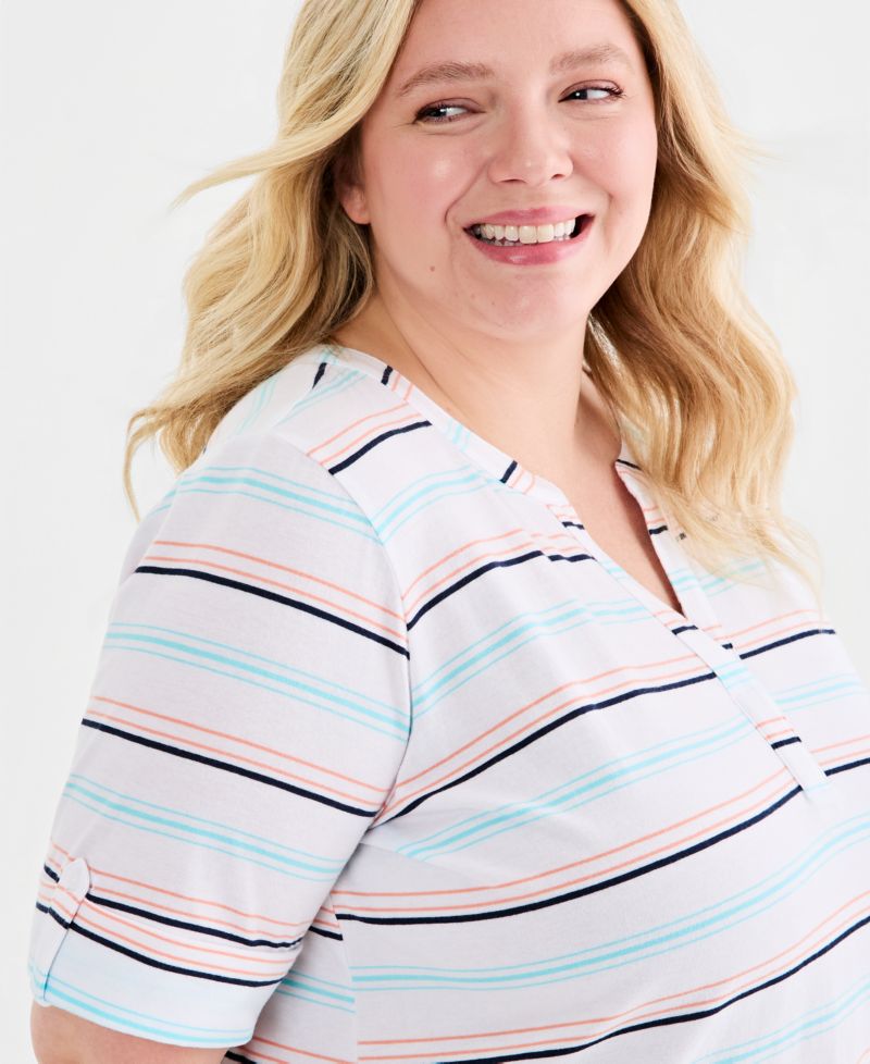 Plus Size Printed Roll-Tab Split-Neck Elbow-Sleeve Tunic
