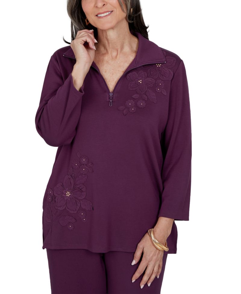Petite 3/4-Sleeve Floral-Applique Knit Top