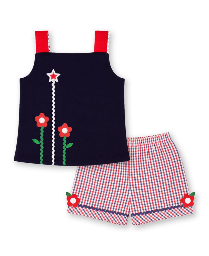 Little Girls Plaid Seersucker Shorts With Ric Rac and Flowers