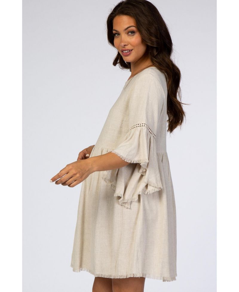 Women's Beige Raw Edge Bell Sleeve Babydoll Dress