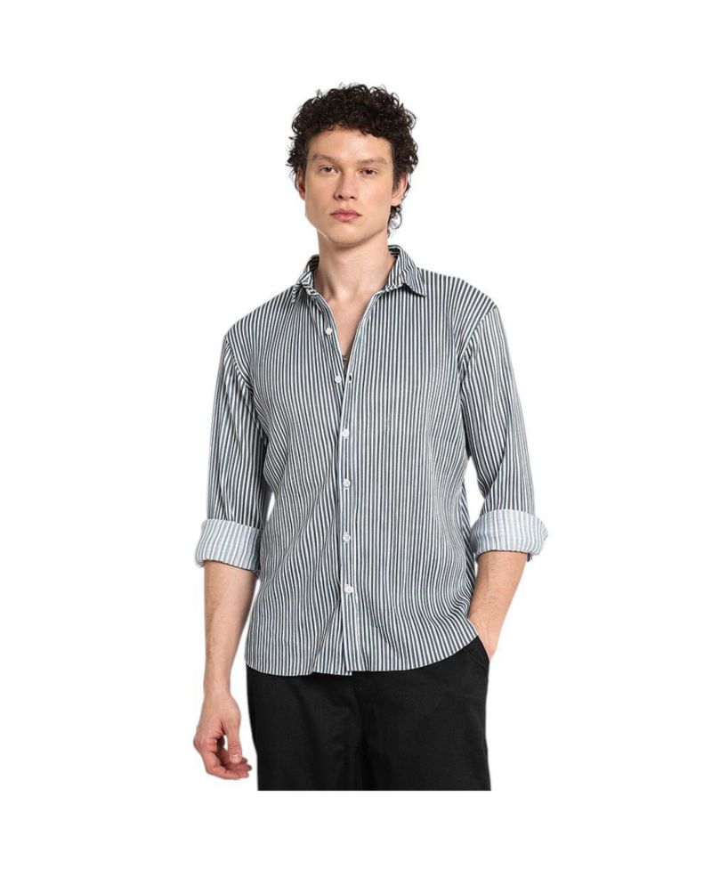 Men's Midnight Black and Powder White Pleat-Creased Shirt