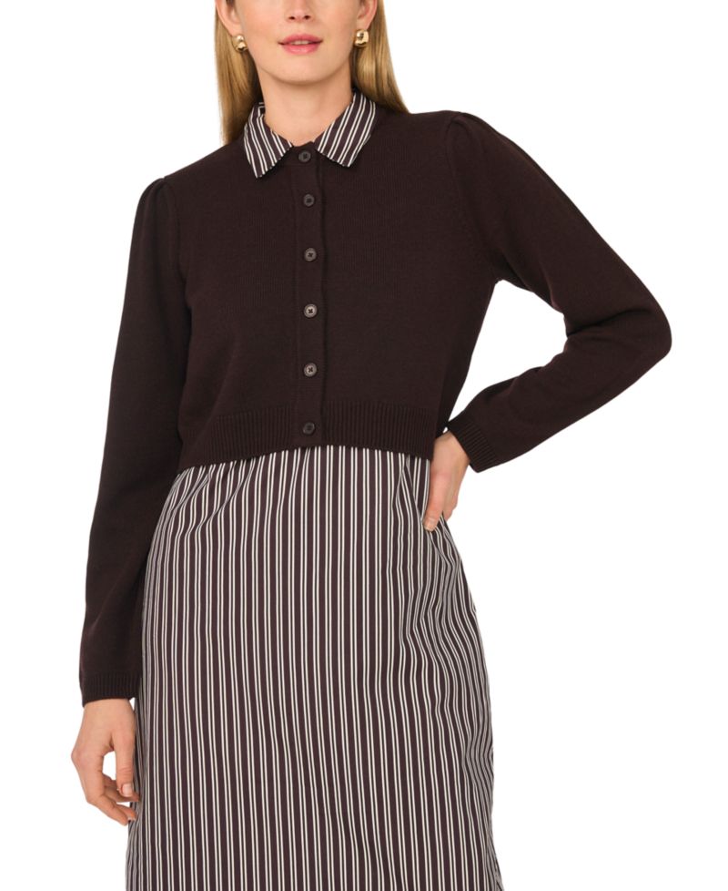 Women's Long-Sleeve Striped Cotton Midi Dress with Cardigan Sweater, 2-Piece Set